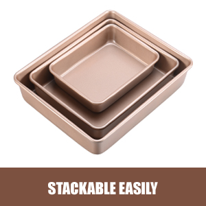 Deep Baking Pans Set Nonstick,Rectangle Cake Pan,Stackable Bakeware Set of 3,Oven Trays for Baking,Gold(9''/11''/13'')