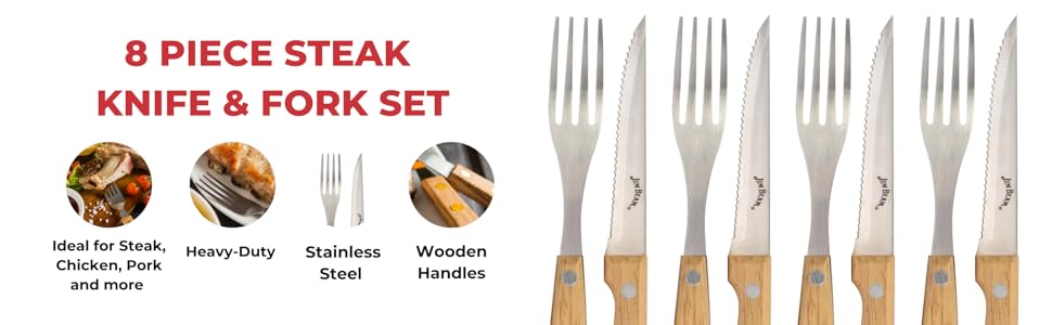 Jim Beam Set of 8 Ideal, Chicken, Pork and More-Steak Knives and Forks Made of Stainless Steel Blade and Contoure, Medium, Light Brown, JB0208