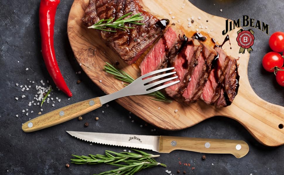 Jim Beam Set of 8 Ideal, Chicken, Pork and More-Steak Knives and Forks Made of Stainless Steel Blade and Contoure, Medium, Light Brown, JB0208