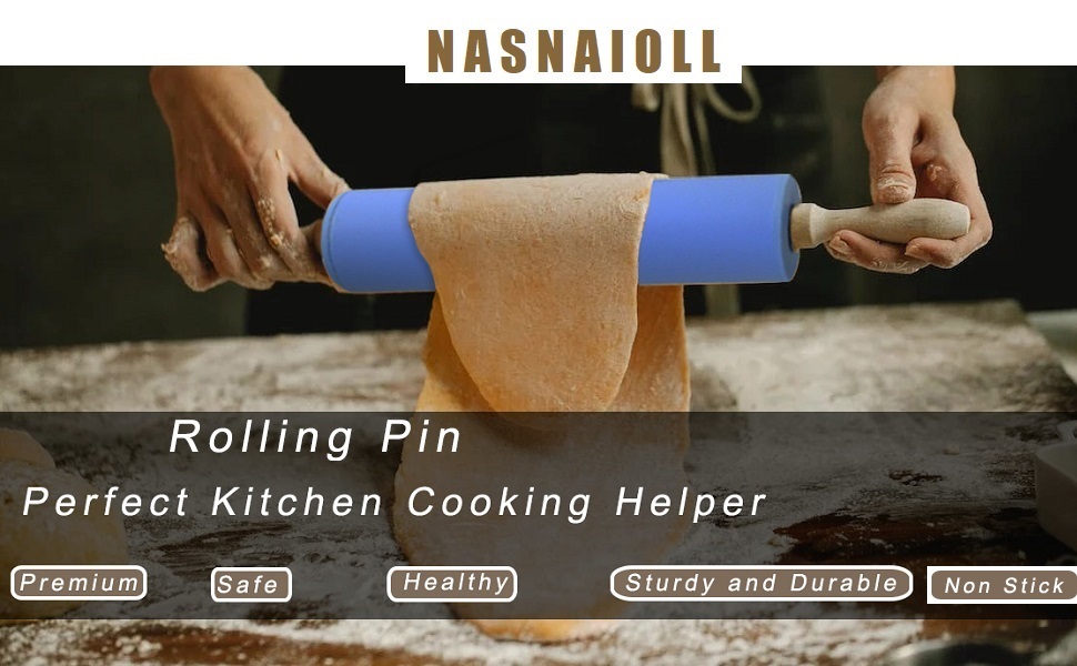 Silicone Rolling Pin with Wooden Handle - Non Stick Surface Dough Roller-roller pins for baking Pastry,Pizza,Fondant,Tortilla, Bread Crus& Christmas Cookies Supplies Gift for Home Bakers.