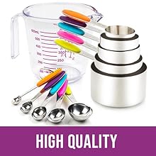 Measuring Cups and Spoons Set 11 Piece. Includes 10 Stainless Steel Measuring Spoons and Cups Set and 1 Plastic Measuring Cup. Liquid Measuring Cups Set and Dry Metal Measuring Cup Set