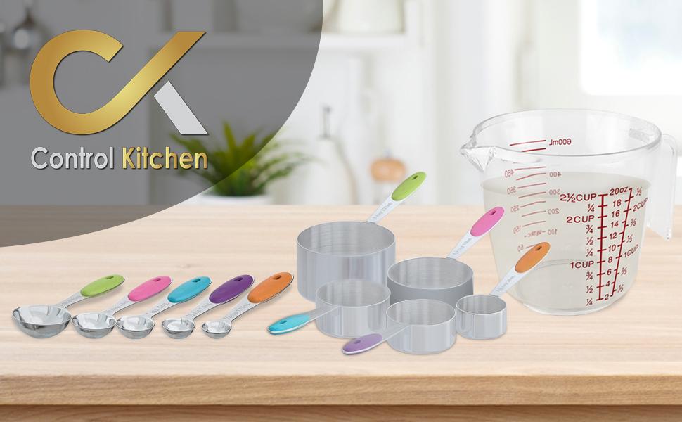 Measuring Cups and Spoons Set 11 Piece. Includes 10 Stainless Steel Measuring Spoons and Cups Set and 1 Plastic Measuring Cup. Liquid Measuring Cups Set and Dry Metal Measuring Cup Set