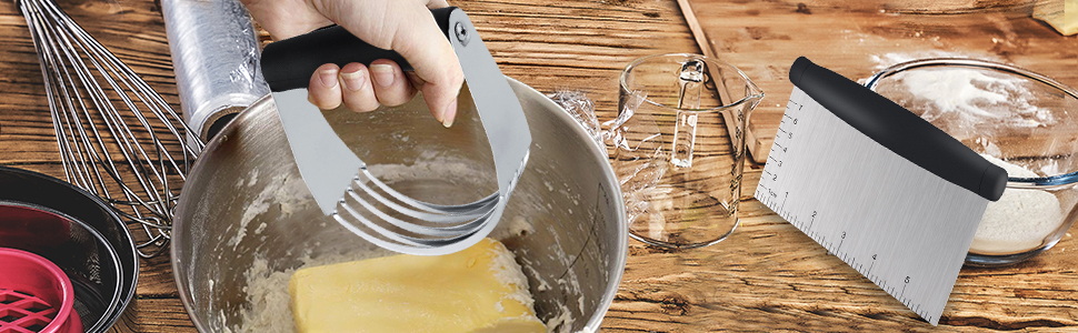 Dough Blender - Stainless Steel Pastry Cutter Set, Blender + Scraper + Brush, Professional Baking Tools