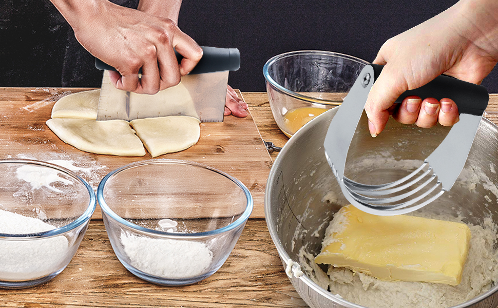Dough Blender - Stainless Steel Pastry Cutter Set, Blender + Scraper + Brush, Professional Baking Tools