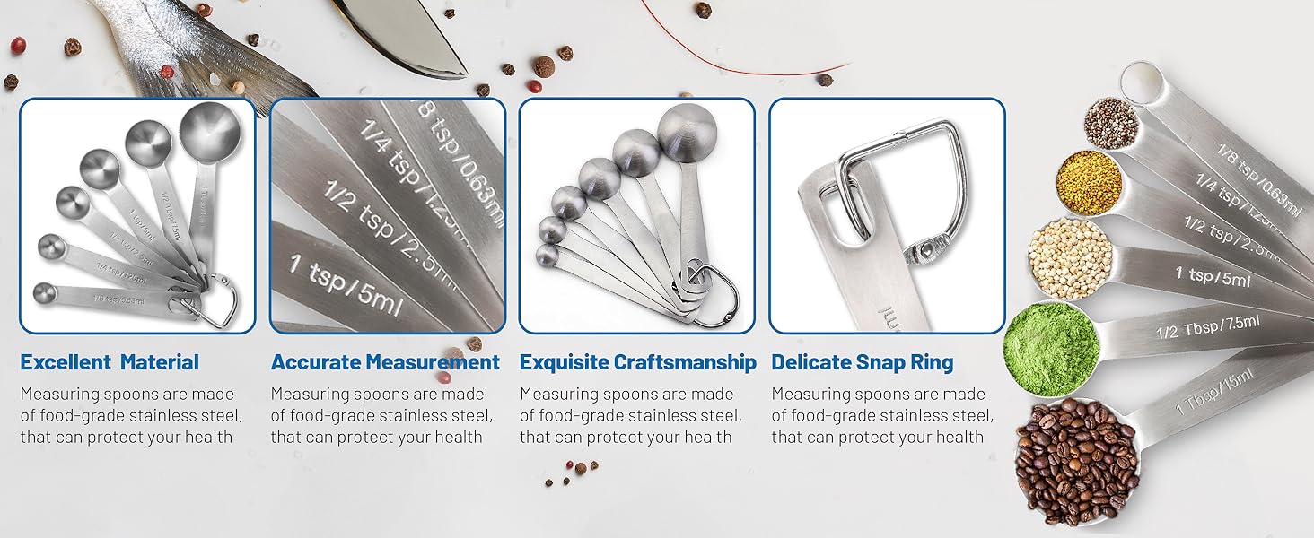Measuring Spoons, Premium Heavy Duty Stainless Steel Measuring Spoons Cups Set, Small Tablespoon with Metric and US Measurements, Set of 6 for Measuring Dry and Liquid Ingredients