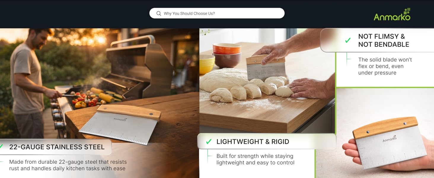 Dough Cutter for Bread and Pizza Dough - Stainless Steel Metal Griddle Scraper Chopper - Multipurpose Bench Scraper Kitchen Utensil for Flat Top Griddle - Commercial Quality