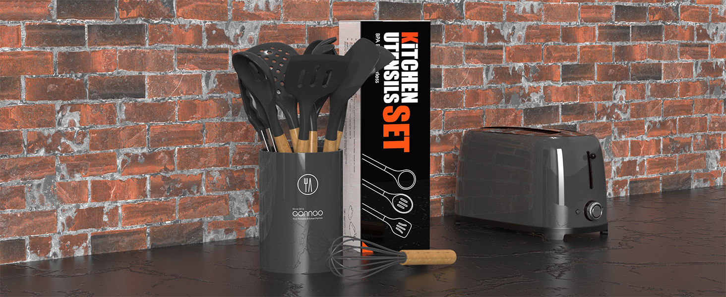 oannao Silicone Cooking Utensils Kitchen Utensil Set - 446°F Heat Resistant Silicone Kitchen Utensils Set, Spatula,Turner Tongs, Spoon, Whisk,Kitchen Gadgets for Nonstick Cookware, BPA Free (Gray)