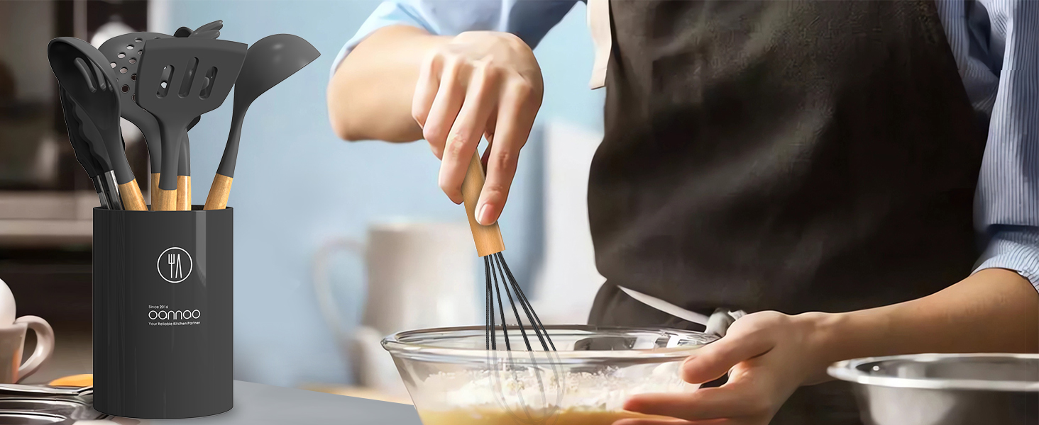 oannao Silicone Cooking Utensils Kitchen Utensil Set - 446°F Heat Resistant Silicone Kitchen Utensils Set, Spatula,Turner Tongs, Spoon, Whisk,Kitchen Gadgets for Nonstick Cookware, BPA Free (Gray)