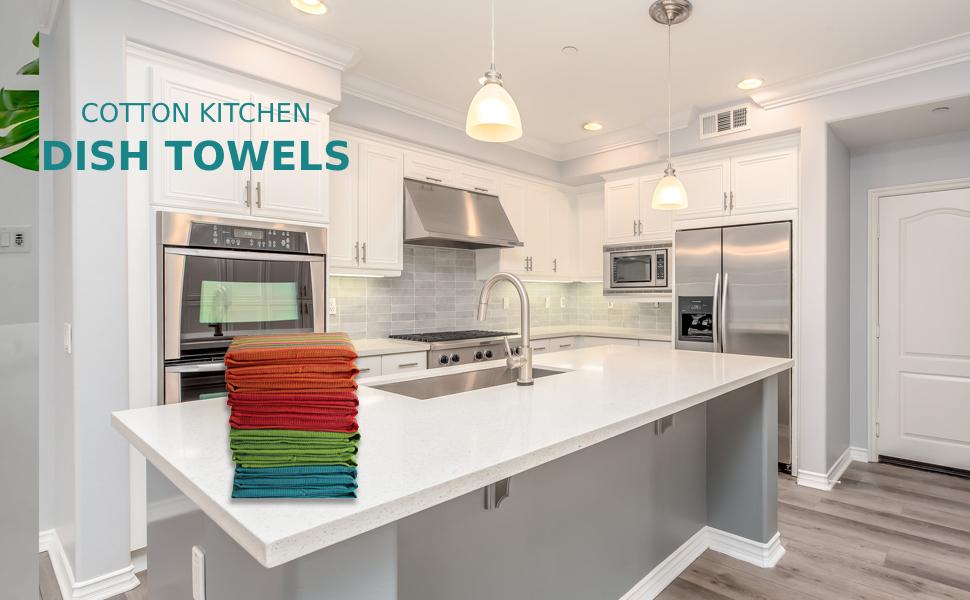 DG Collections Salsa Stripe Kitchen Dish Towels, 100% Cotton, Highly Absorbent, Multi Purpose Waffle Tea Towels for Cooking, Drying & Cleaning, 16x28 Inches, Pack of 12