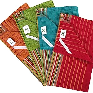 DG Collections Salsa Stripe Kitchen Dish Towels, 100% Cotton, Highly Absorbent, Multi Purpose Waffle Tea Towels for Cooking, Drying & Cleaning, 16x28 Inches, Pack of 12