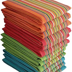DG Collections Salsa Stripe Kitchen Dish Towels, 100% Cotton, Highly Absorbent, Multi Purpose Waffle Tea Towels for Cooking, Drying & Cleaning, 16x28 Inches, Pack of 12