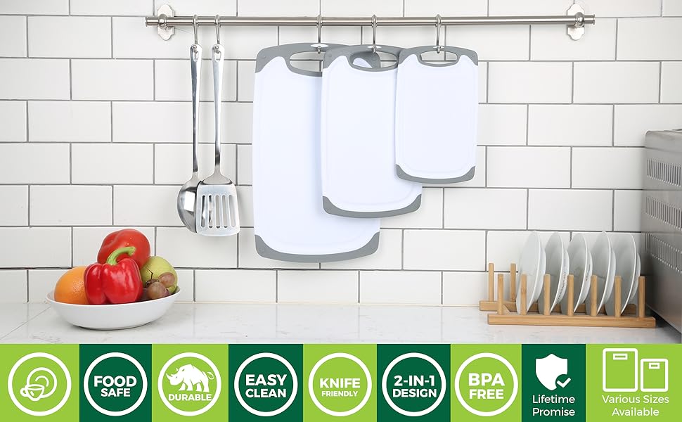 Freshware Cutting Boards for Kitchen, Chopping Board 3-Pack with Different Sizes, Juice Grooves and Non Slip Handles - Reversible, Large Cutting Board Set - Dishwasher Safe - Gray