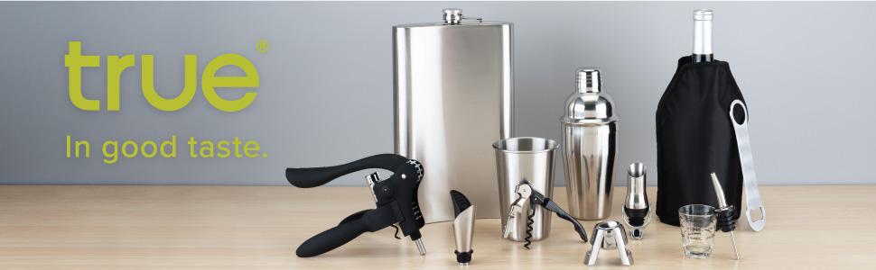 True 4-Piece Cocktail Shaker Set Includes Cobbler Shaker, Strainer, Jigger, Bar Spoon for Classic Cocktails, Mixed Drinks, Cold Brew, Home Bar Tools, Bartender Gifts, Bar Cart Accessories, Black