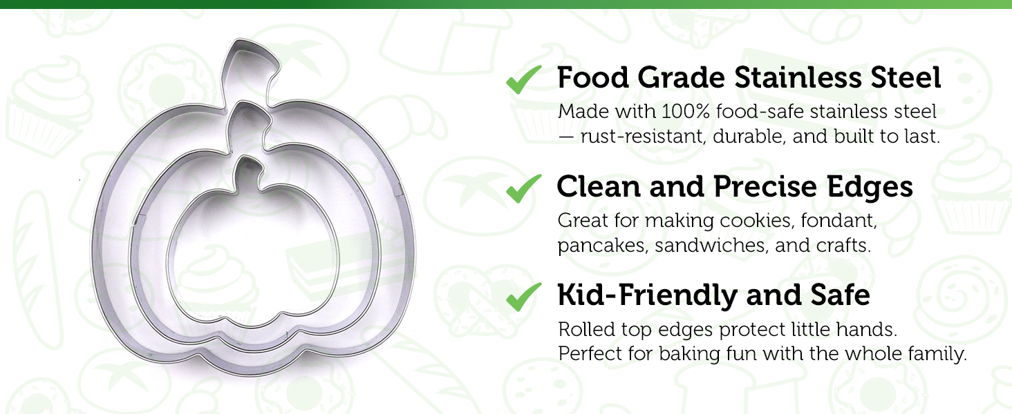 Pumpkin Cookie Cutter 3 Piece Set, Premium Food-Grade Stainless Steel, Dishwasher Safe