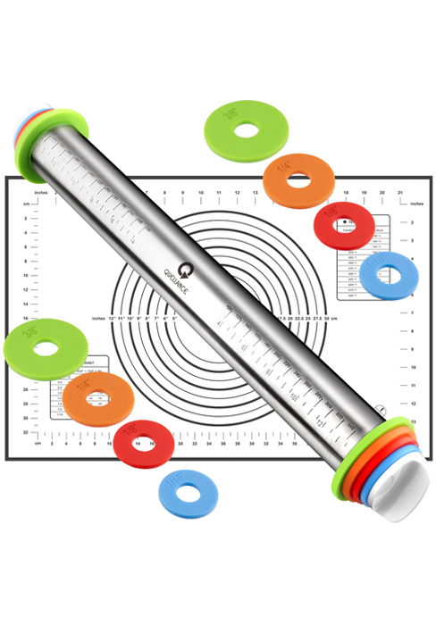 Rolling Pin and Pastry Baking Mat Set, Rolling Pins with Adjustable Thickness Rings, Stainless Steel Dough Roller for Baking Fondant, Pizza, Pie, Pastry, Pasta, Cookies (Red Mat)