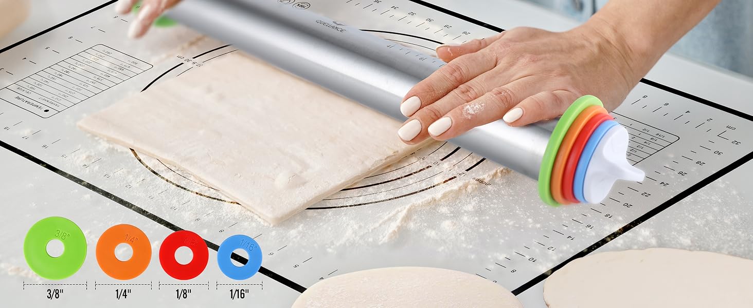 Rolling Pin and Pastry Baking Mat Set, Rolling Pins with Adjustable Thickness Rings, Stainless Steel Dough Roller for Baking Fondant, Pizza, Pie, Pastry, Pasta, Cookies (Red Mat)