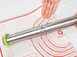 Rolling Pin and Pastry Baking Mat Set, Rolling Pins with Adjustable Thickness Rings, Stainless Steel Dough Roller for Baking Fondant, Pizza, Pie, Pastry, Pasta, Cookies (Red Mat)