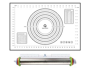 Rolling Pin and Pastry Baking Mat Set, Rolling Pins with Adjustable Thickness Rings, Stainless Steel Dough Roller for Baking Fondant, Pizza, Pie, Pastry, Pasta, Cookies (Red Mat)