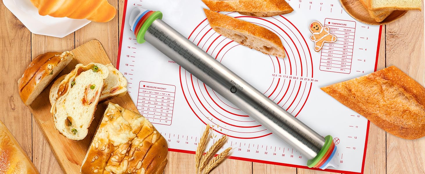 Rolling Pin and Pastry Baking Mat Set, Rolling Pins with Adjustable Thickness Rings, Stainless Steel Dough Roller for Baking Fondant, Pizza, Pie, Pastry, Pasta, Cookies (Red Mat)