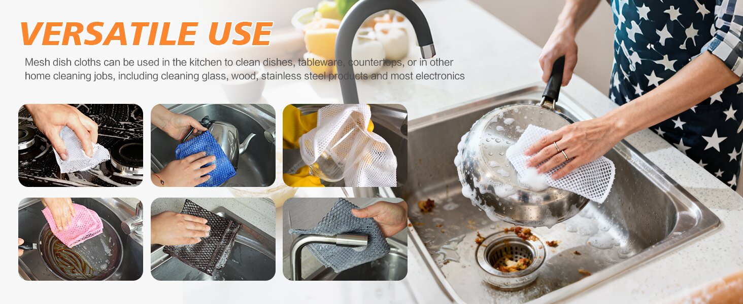 SUNLAND Netted Dish Cloths for Washing Dishes No Odor Dishes Scrubber for Kitchen-Fast Drying and Easy to Clean Mesh Dish Cloth 6 Pack 12Inch x12Inch Black