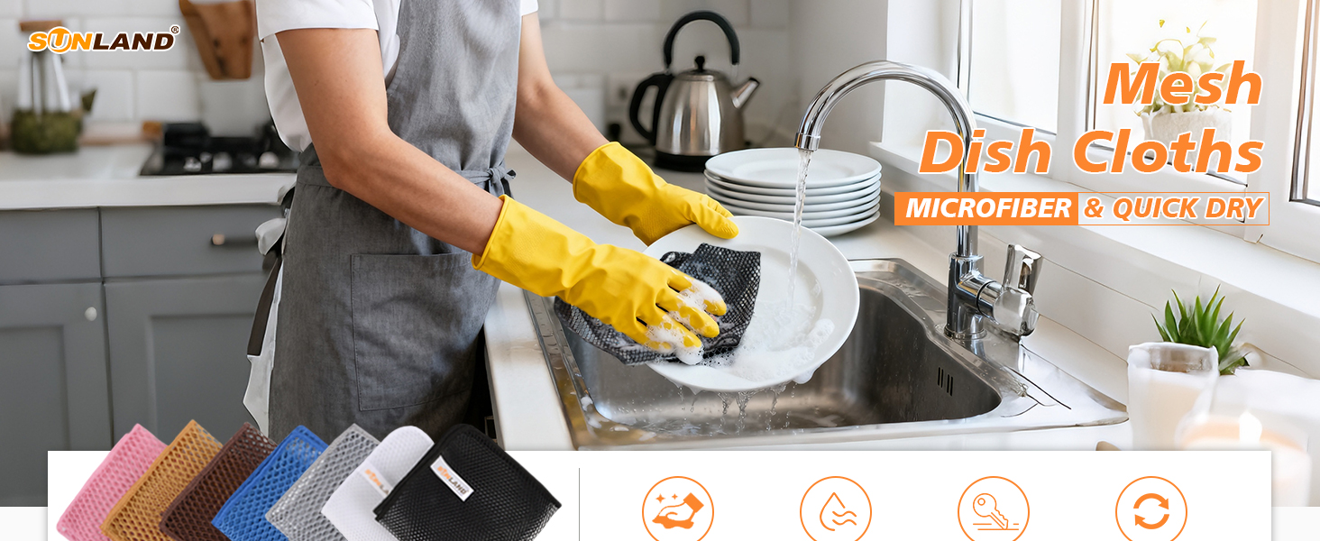 SUNLAND Netted Dish Cloths for Washing Dishes No Odor Dishes Scrubber for Kitchen-Fast Drying and Easy to Clean Mesh Dish Cloth 6 Pack 12Inch x12Inch Black