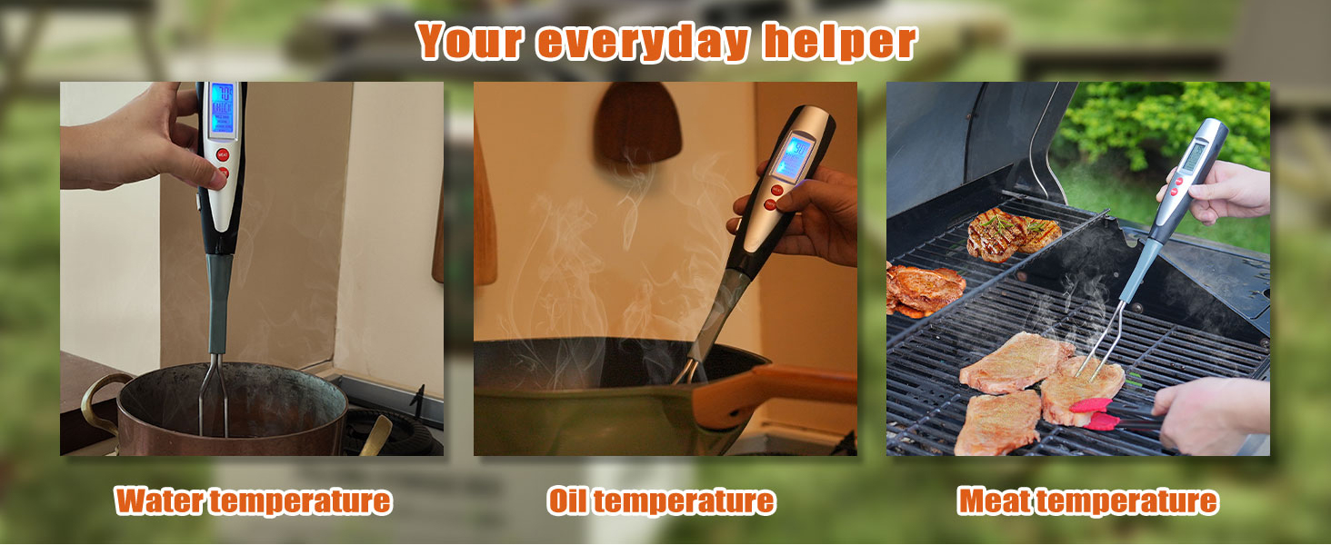 Meat Thermometer Fork for BBQ & Grilling – Instant Read Food Thermometer with Preset Meat Temperatures, Long Heat-Safe Handle, Backlit LCD for Steak, Chicken & Outdoor Cooking, Black