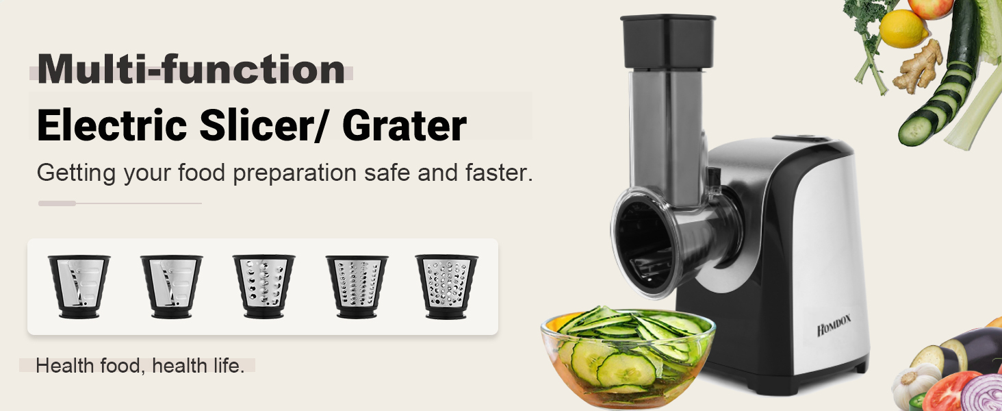 Homdox Electric Cheese Grater 5 in 1 Professional Electric Slicer Shredder 150W Cheese Grater One-Touch Control Salad Maker for Home Kitchen Use, Electric Salad Machine for Cheese, Fruits, Vegetables