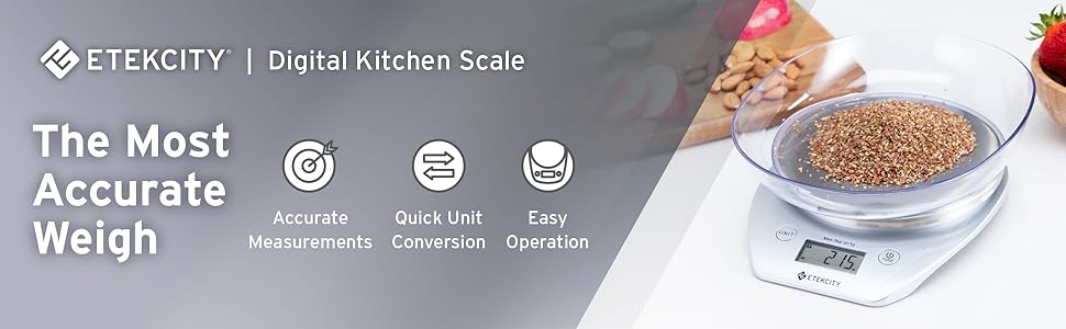 Etekcity Food Kitchen Scale Bowl, Digital Ounces and Grams for Cooking, Baking, Meal Prep, Dieting, and Weight Loss, 11lb/5kg, Silver