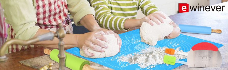 Ewinever 1Set Rolling Pin Pastry Mat Set Non-Stick 6 in 1 Dough Roller Baking Kit with Pastry Cutter Reusable Kneading Mat Scraper Basting Brush