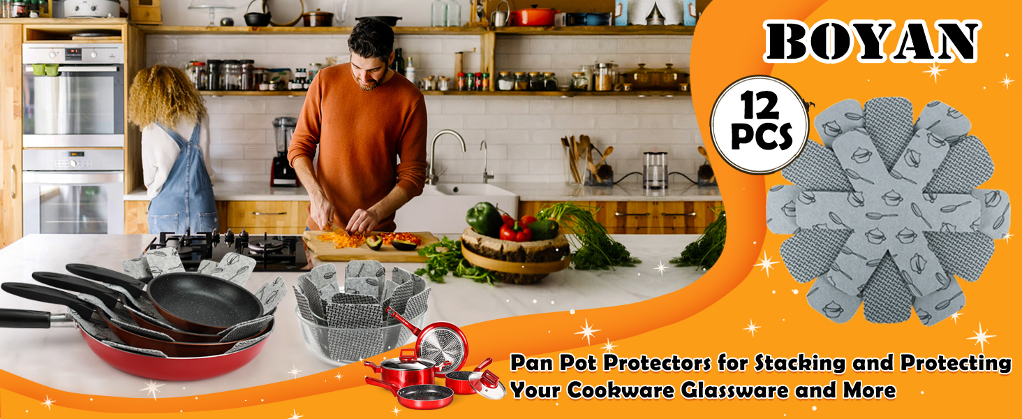BOYAN Pot and Pan Protectors, Set of 12 and 3 Different Size, Cookware Protector Set/Felt Pots and Pans Divider Separator Pads Anti-Slip to Avoid Scratching or Marring When Stacking