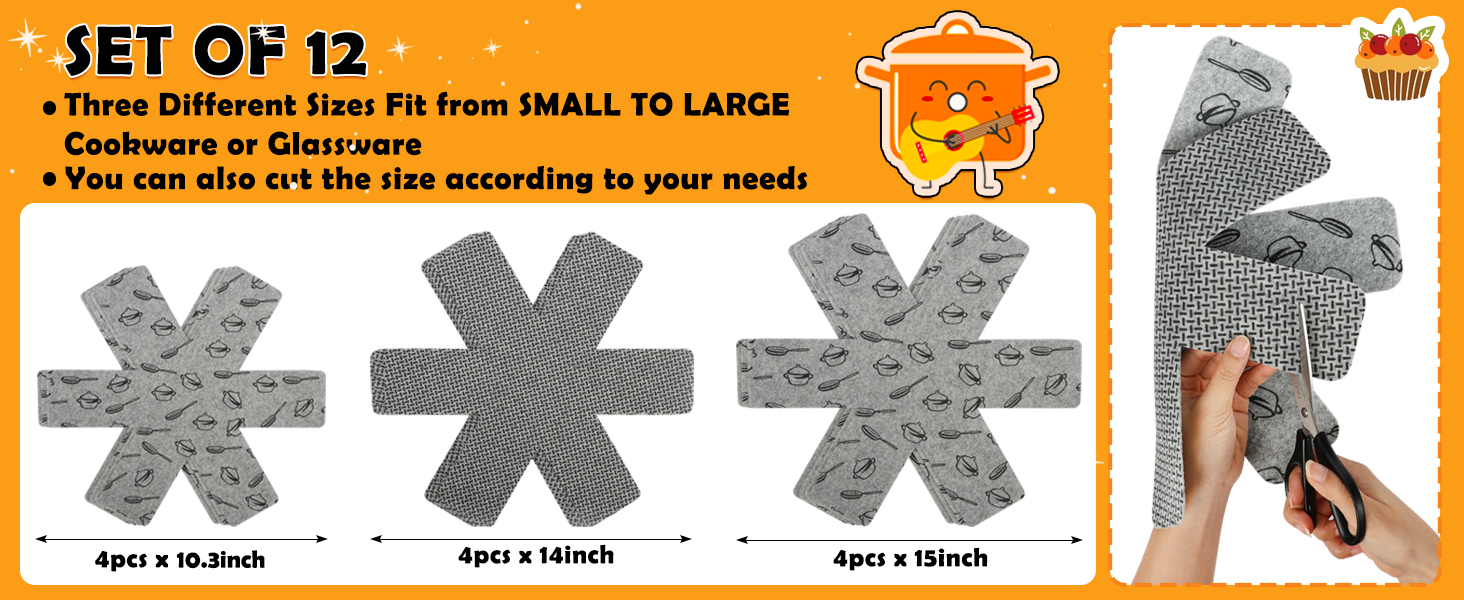 BOYAN Pot and Pan Protectors, Set of 12 and 3 Different Size, Cookware Protector Set/Felt Pots and Pans Divider Separator Pads Anti-Slip to Avoid Scratching or Marring When Stacking