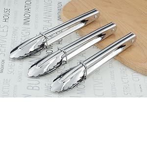 Mini Stainless Steel Food Tongs with Silding Rings 7-Inch - Set of 6 - Small Clam Shell Service Tongs for Serving Appetizers, Desserts, Salads, Barbecue and Cooking (Silver)