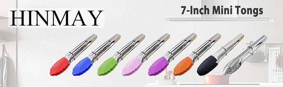 Mini Stainless Steel Food Tongs with Silding Rings 7-Inch - Set of 6 - Small Clam Shell Service Tongs for Serving Appetizers, Desserts, Salads, Barbecue and Cooking (Silver)