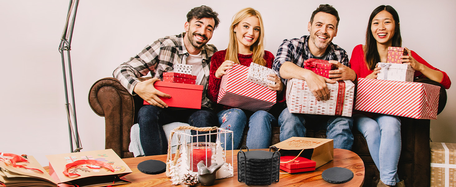 Slate Drink Coasters with Metal Holder, GOH DODD Set of 8 Black Coasters, 4 Inch Stone Coaster Set Tabletop Protection for Home Kitchen Apartment Bar Decor Housewarming Gifts Wedding Party, Round