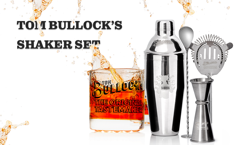 5 pc. Cocktail Shaker Bar Set by Tom Bullock's, The Original Tastemaker: 25 oz Stainless Steel Shaker, Double Measuring Jigger, Stirrer/Mixer Spoon, Strainer and Ice Tongs. Become The Ideal Bartender!