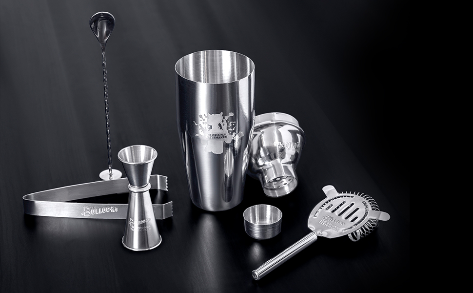 5 pc. Cocktail Shaker Bar Set by Tom Bullock's, The Original Tastemaker: 25 oz Stainless Steel Shaker, Double Measuring Jigger, Stirrer/Mixer Spoon, Strainer and Ice Tongs. Become The Ideal Bartender!