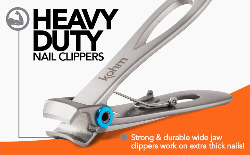 KOHM Nail Clippers for Thick Nails - Heavy Duty, Wide Mouth Professional Fingernail and Toenail Clippers for Men, Women & Seniors, Silver