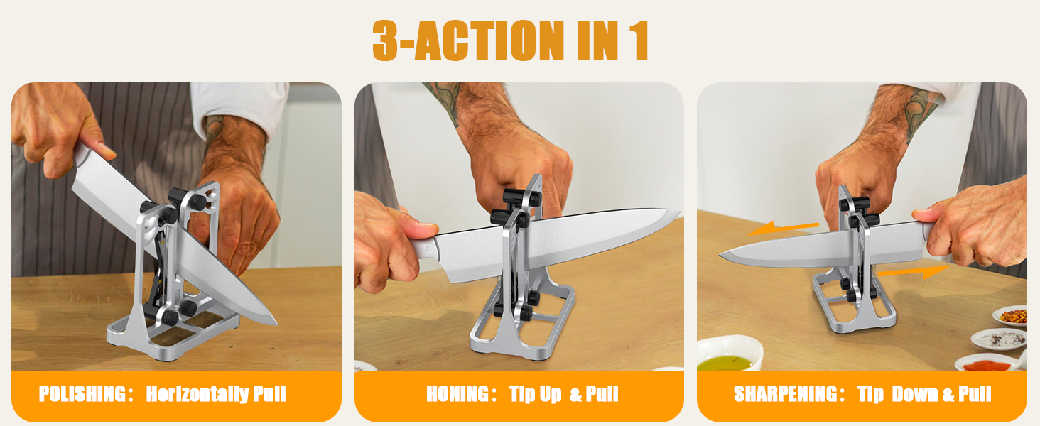 Knife Sharpener, Knife Sharpener Tool with Self-Adjusting, Stainless Steel and Tungsten Carbide, Knife Sharpeners for Kitchen Knives Helps Repair Sharpens, Hones, Polishes Blades
