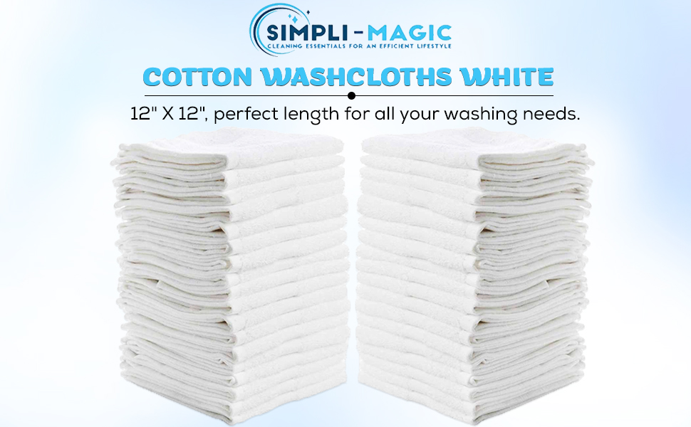 Simpli-Magic Cotton Washcloths White, 40 Pack, Size: 12”x12”