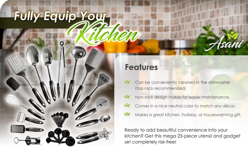Asani 25-Piece Stainless Steel Kitchen Utensil Set | Non-Stick Cooking Gadgets and Tools Kit | Durable Dishwasher-Safe Cookware Set | Kitchenware Gift Idea, Best New Apartment Essentials