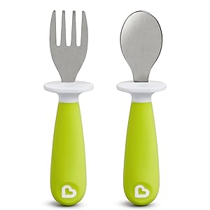 Munchkin® Raise™ Toddler Fork and Spoon Utensil Set, Rest Keeps Tip Off Table, BPA Free, 4 Pack, Blue/Green