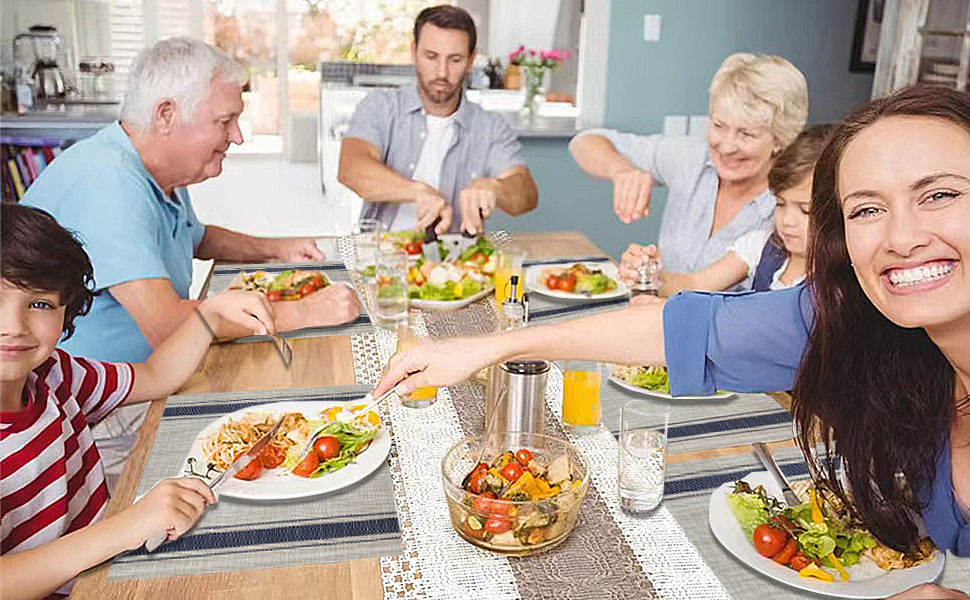 DACHUI Placemats Set of 6, Soft & Elegant Woven Vinyl Place Mats, Water Resistant, Heat Resistant, Washable, Durable Table Mats (Blue Stripes)