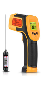 Infrared Thermometer Non-Contact Digital Laser Temperature Gun -58℉～1112℉(-50℃～600℃) Adjustable Emissivity IR Temp Gun - for Cooking, BBQ, Food, Fridge, Pizza Oven, Engine - Meat Thermometer Included