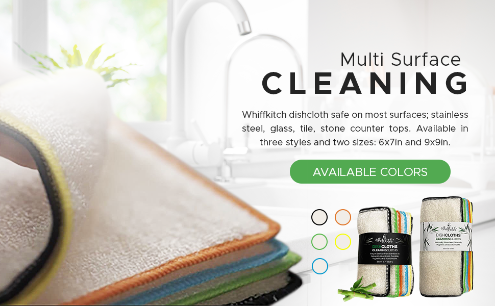 Whiffkitch Dishcloths Dishrags for Kitchen and Household Cleaning 6x7 6-Pack Non-Scratch 2-Ply Weave, Bamboo-Rayon Fabric, Absorbent, Washable, Long-Lasting