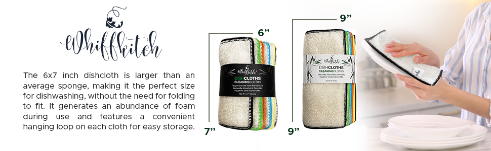 Whiffkitch Dishcloths Dishrags for Kitchen and Household Cleaning 6x7 6-Pack Non-Scratch 2-Ply Weave, Bamboo-Rayon Fabric, Absorbent, Washable, Long-Lasting