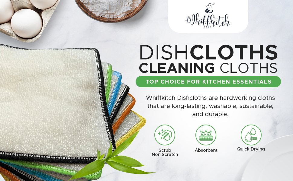 Whiffkitch Dishcloths Dishrags for Kitchen and Household Cleaning 6x7 6-Pack Non-Scratch 2-Ply Weave, Bamboo-Rayon Fabric, Absorbent, Washable, Long-Lasting