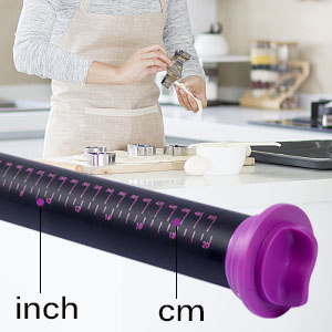 Silicone Rolling Pin with Thickness Rings, Adjustable Designs for Fondant, Cookie Decorating, Pasta, Pizza, 23.6 inch Purple Large Long Pin