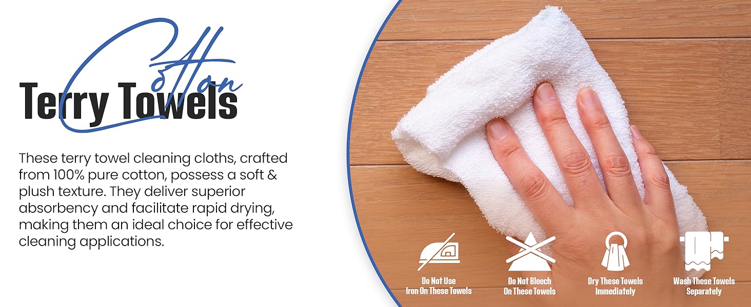 100% Cotton Terry Towels Cleaning Cloths Pack of 50 (12x12 Inches) White Cotton Terry Cloth Bar Rags White Bar Towels, Multipurpose High Absorbent Terry Towels for Cleaning Auto Detailing or Painters