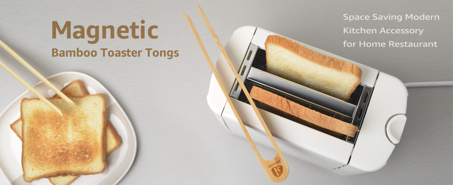 Magnetic Bamboo Toaster Tongs: 100% Natural 8.7” Wood Kitchen Toast Tongs| Eco-Friendly, Space Saving Modern Kitchen Accessory for Home Restaurant | Set of 2