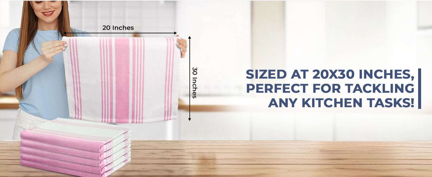 Urban Villa Kitchen Towels Blue White Striped 100% Cotton Set of 6, 20x30 Inch Oversized Dish Cloths, Highly Absorbent, Mitered Corners & Hanging Loop, Hand & Tea Towels, Dish Towels